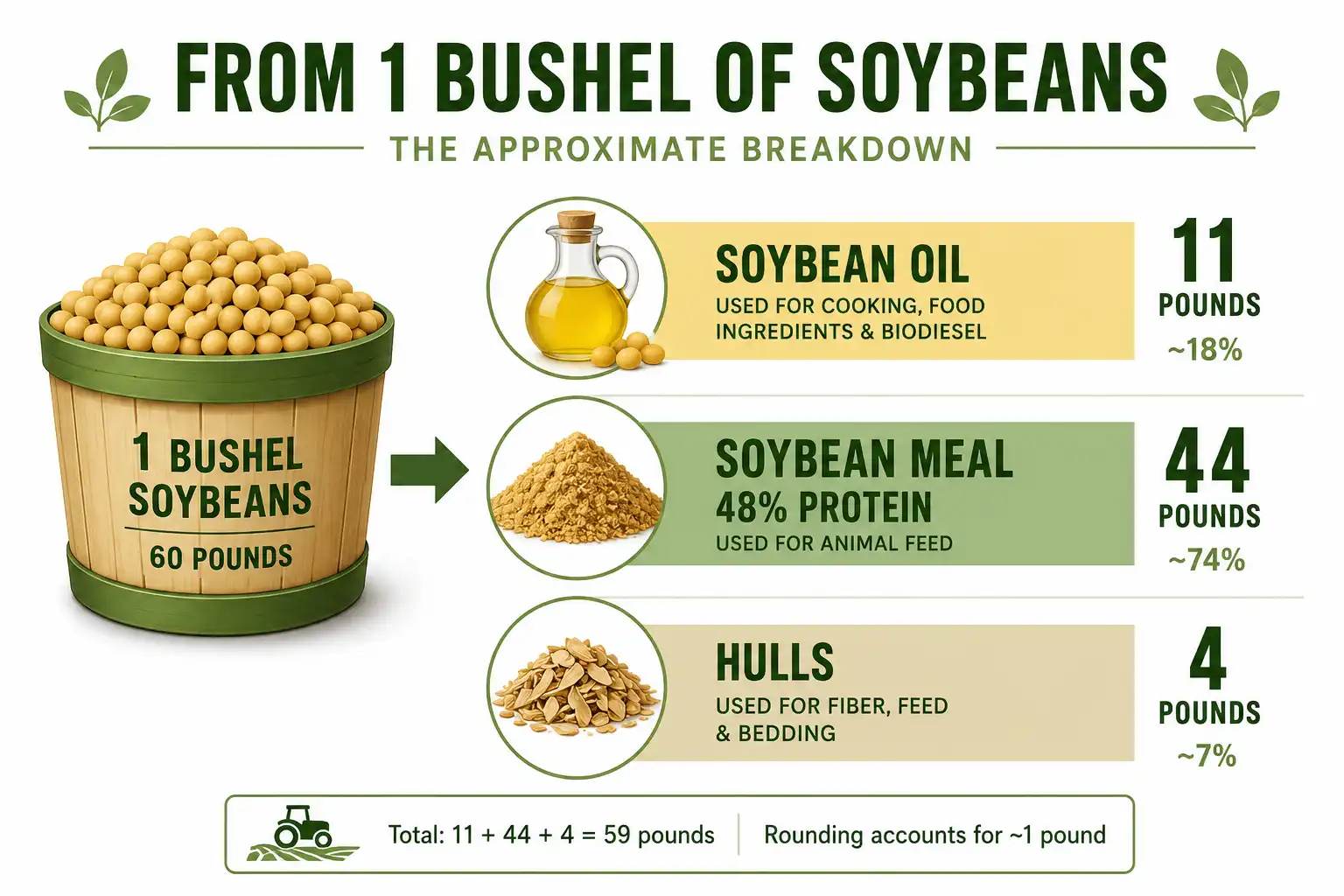 Infographic of a soybean bushel crush yield showing about 11 pounds of oil and 44 pounds of meal plus hulls