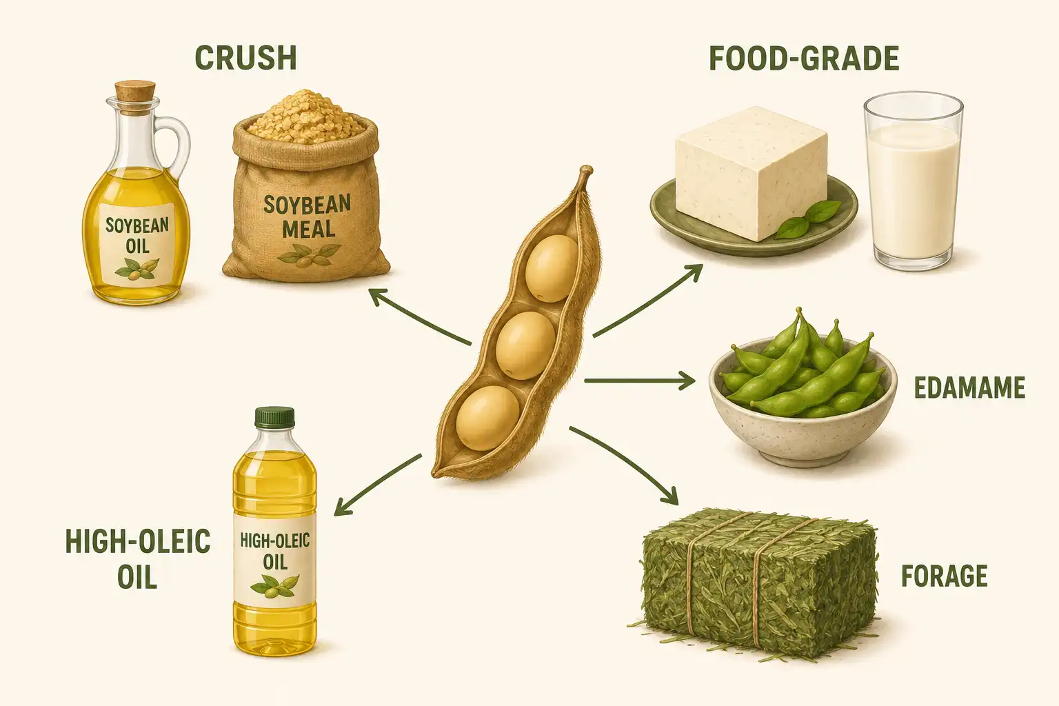 Infographic of soybean end uses including oil and meal from crushing, tofu and soymilk, edamame, high oleic oil, and forage hay