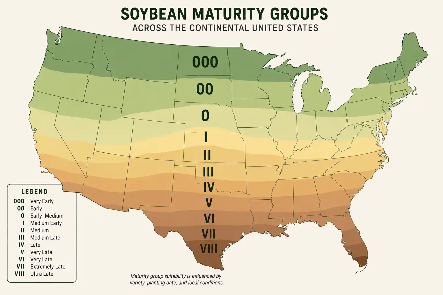 Map of soybean maturity groups by region, explaining how location changes how long soybeans take to grow