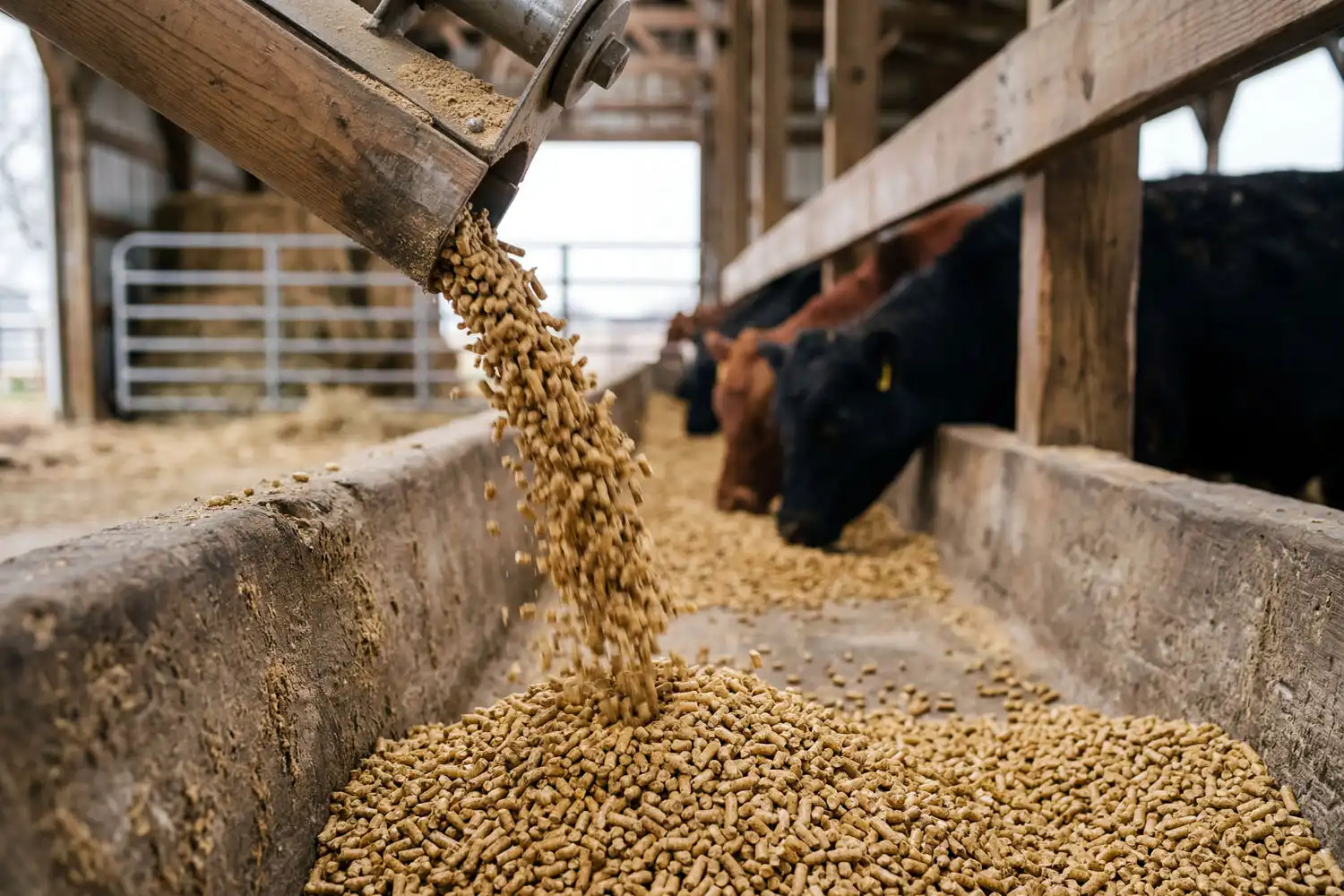Soybean meal used as protein in livestock feed at a farm feed bunk