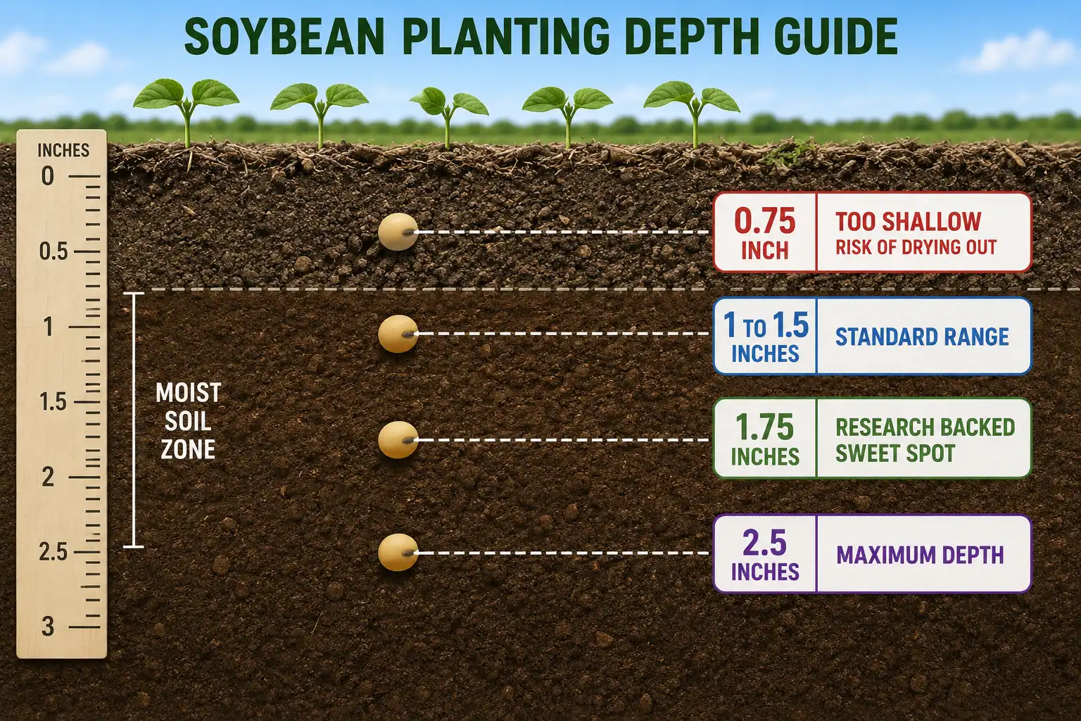 Infographic of how deep to plant soybeans with the 1 to 1.5 inch standard range and 2.5 inch maximum