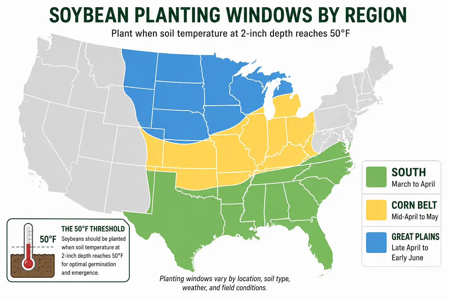 Soybean planting window map of the best planting dates by region from the South to the Great Plains