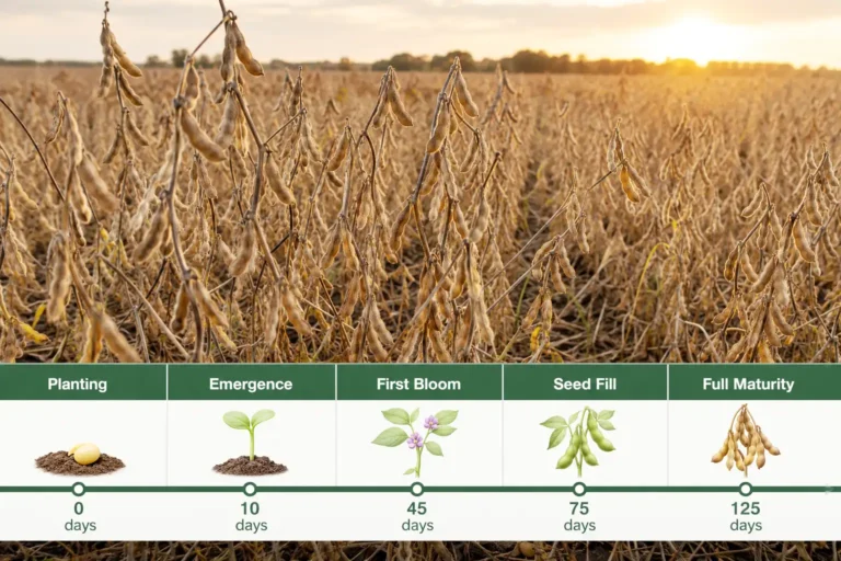 Soybeans reach full maturity in roughly 100 to 150 days, shown on a labeled field timeline from planting through emergence, bloom, seed fill and harvest.