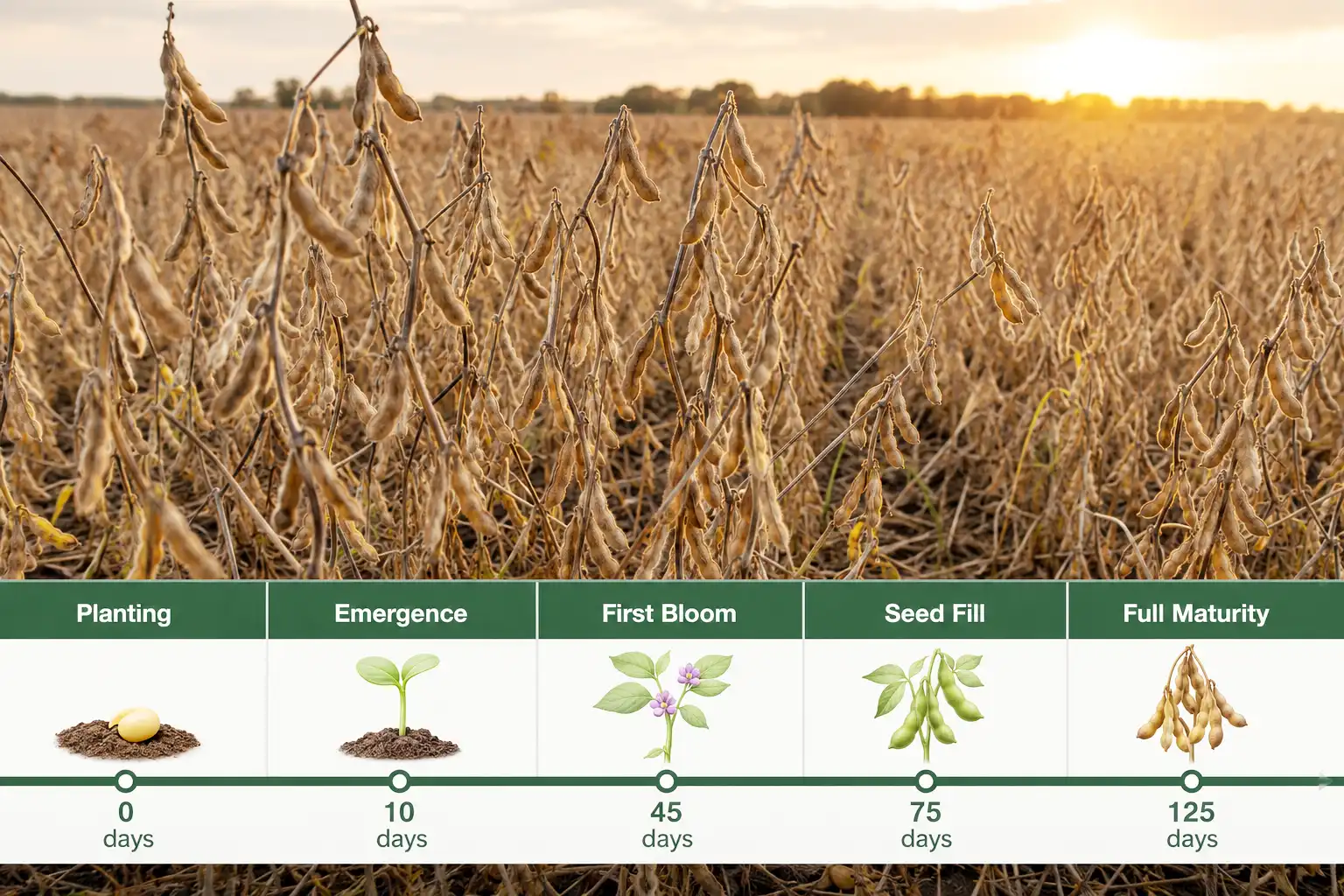 Soybeans reach full maturity in roughly 100 to 150 days, shown on a labeled field timeline from planting through emergence, bloom, seed fill and harvest.