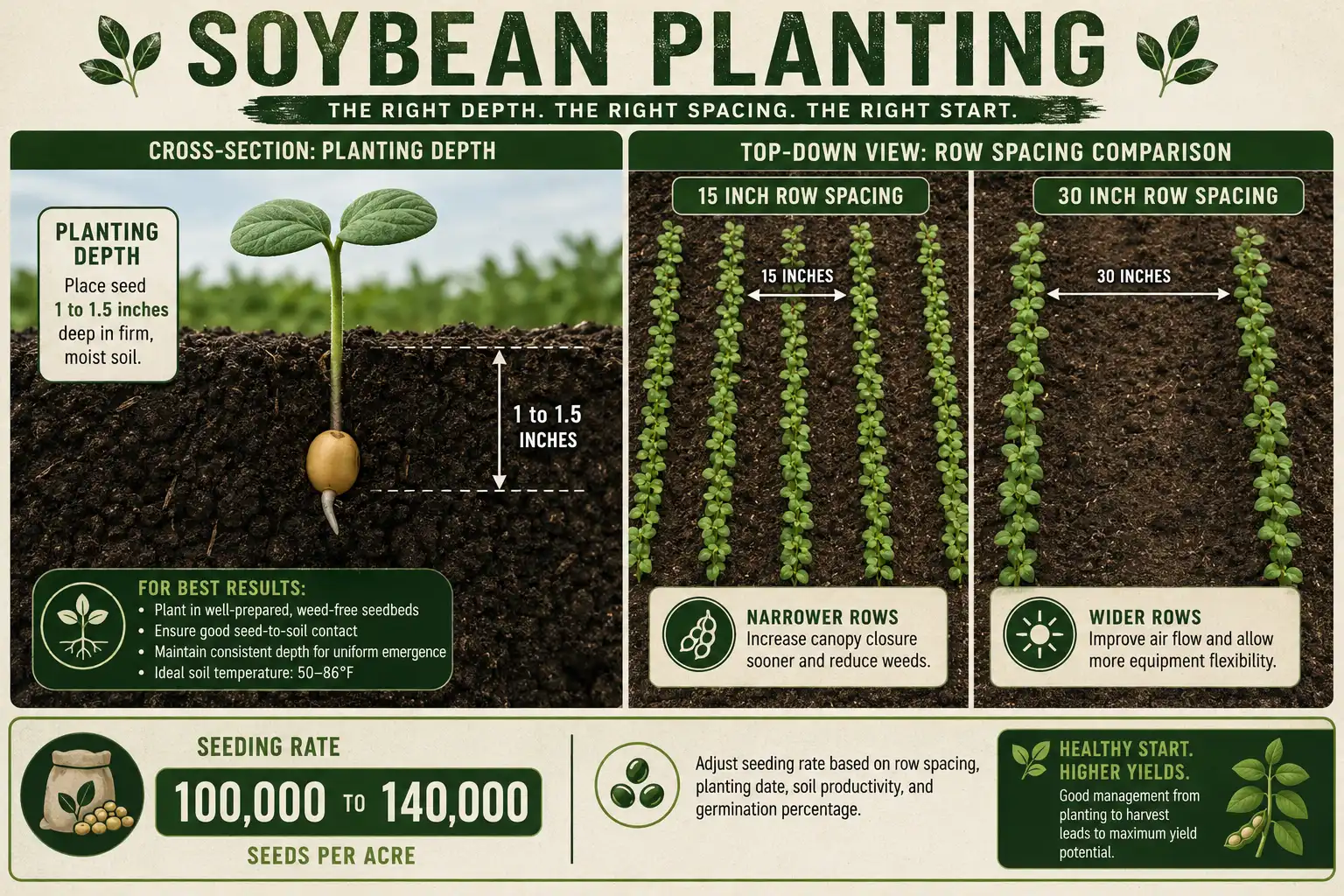 Diagram of soybean planting depth seeding rate and row spacing for growing soybeans