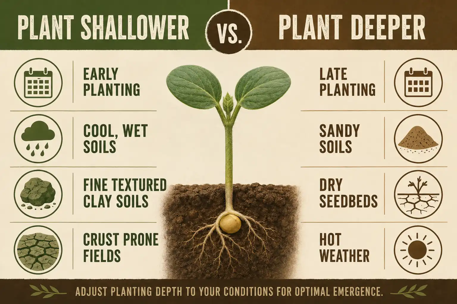 Chart for when to plant soybeans shallower at 1 inch versus deeper at 2 inches based on soil and weather