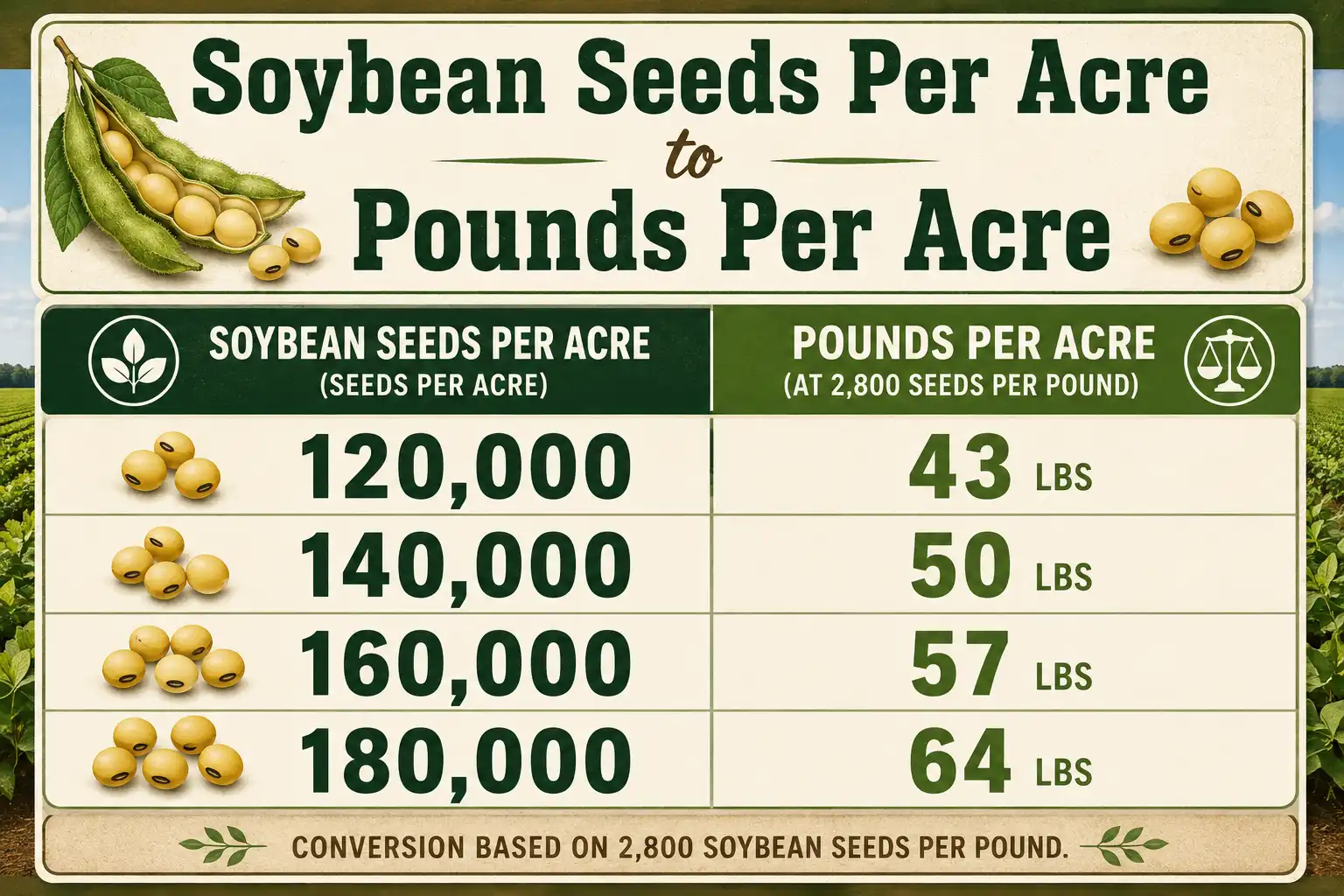 Chart converting soybean seeds per acre into pounds per acre at average seed size