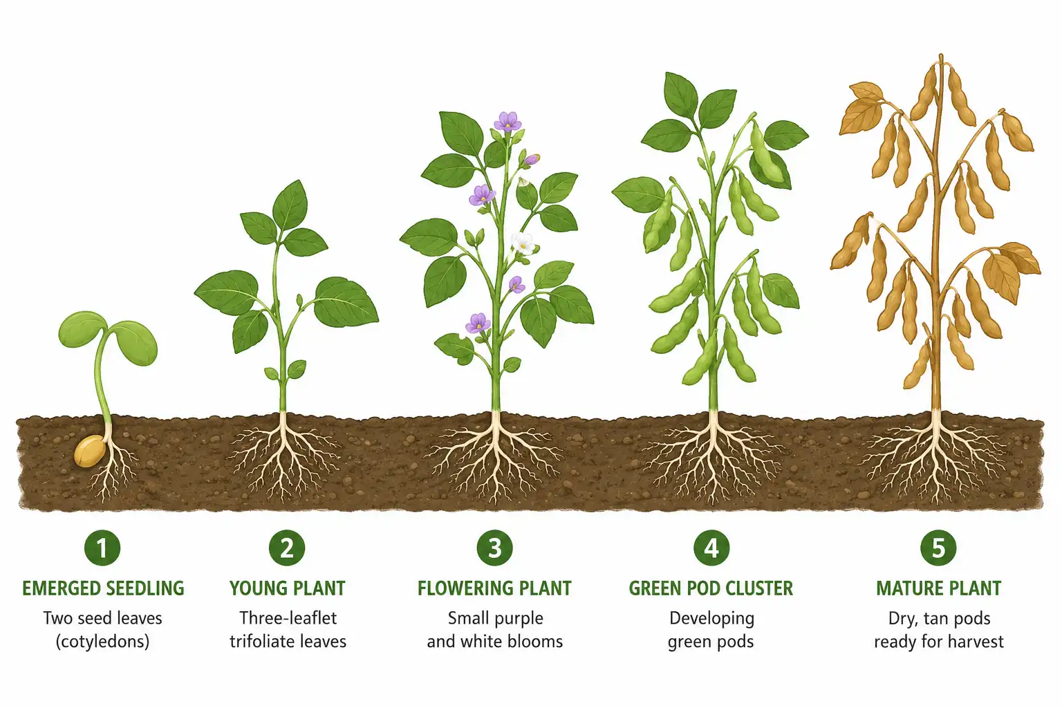 What soybeans look like growing, from seedling to trifoliate leaves, flowers, green pods, and mature tan pods at harvest