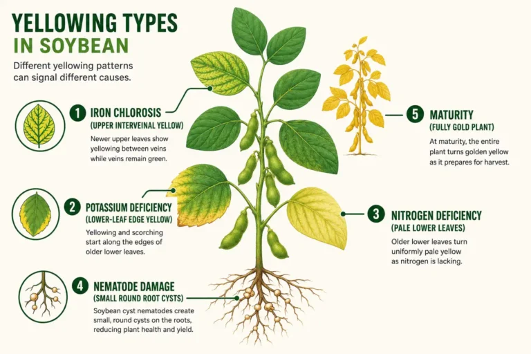 Infographic of why soybeans turn yellow, mapping iron chlorosis, potassium, nitrogen, nematode, and senescence by leaf position