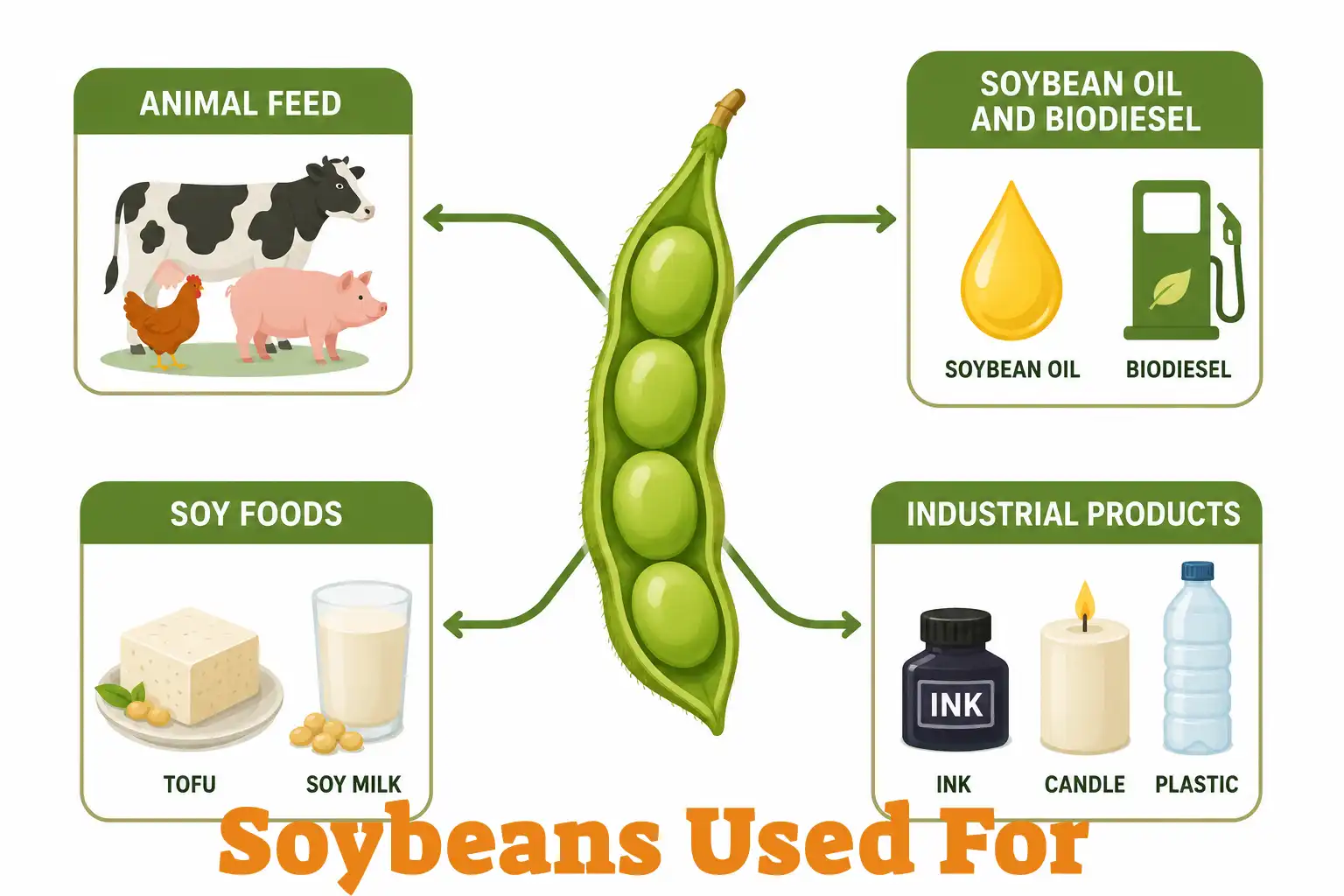 Infographic of what soybeans are used for, splitting into animal feed, soybean oil and biodiesel, soy foods, and industrial products