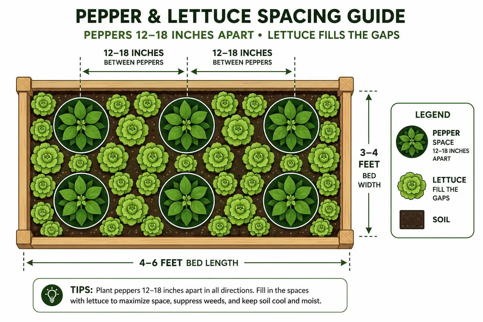 Top-down spacing diagram of peppers 12 to 18 inches apart with lettuce planted in the gaps