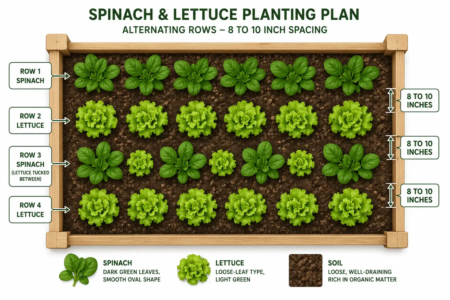 Diagram of spinach and lettuce planted in alternating rows 8 to 10 inches apart in a raised bed with lettuce tucked between spinach