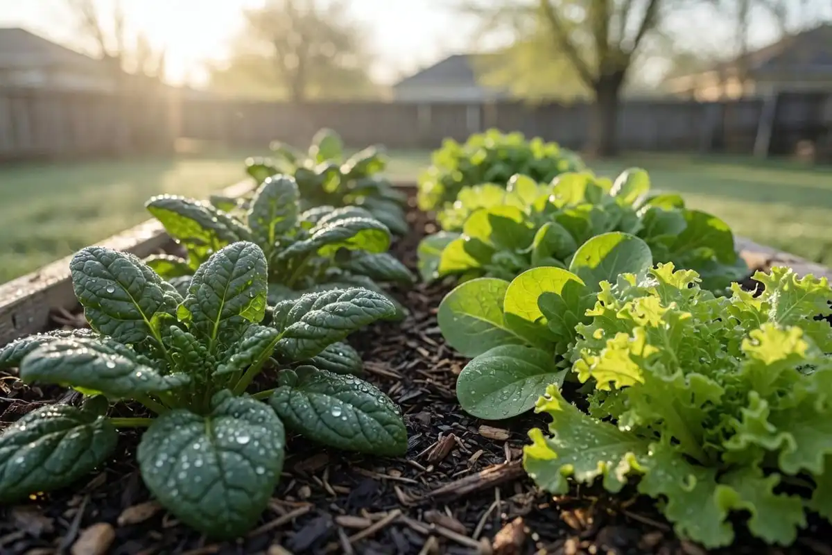 Spinach and lettuce growing side by side in a mulched raised bed under soft morning light