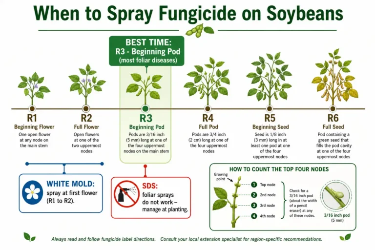 Infographic of soybean fungicide timing of R3 as the best spray window and R1 to R2 for white mold