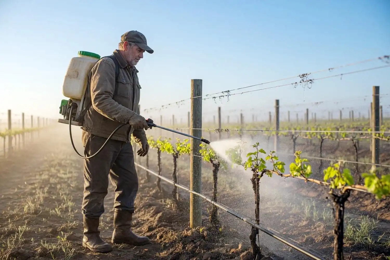 Farmer applying copper fungicide to grapevines at budbreak, the early-season timing for grape disease control