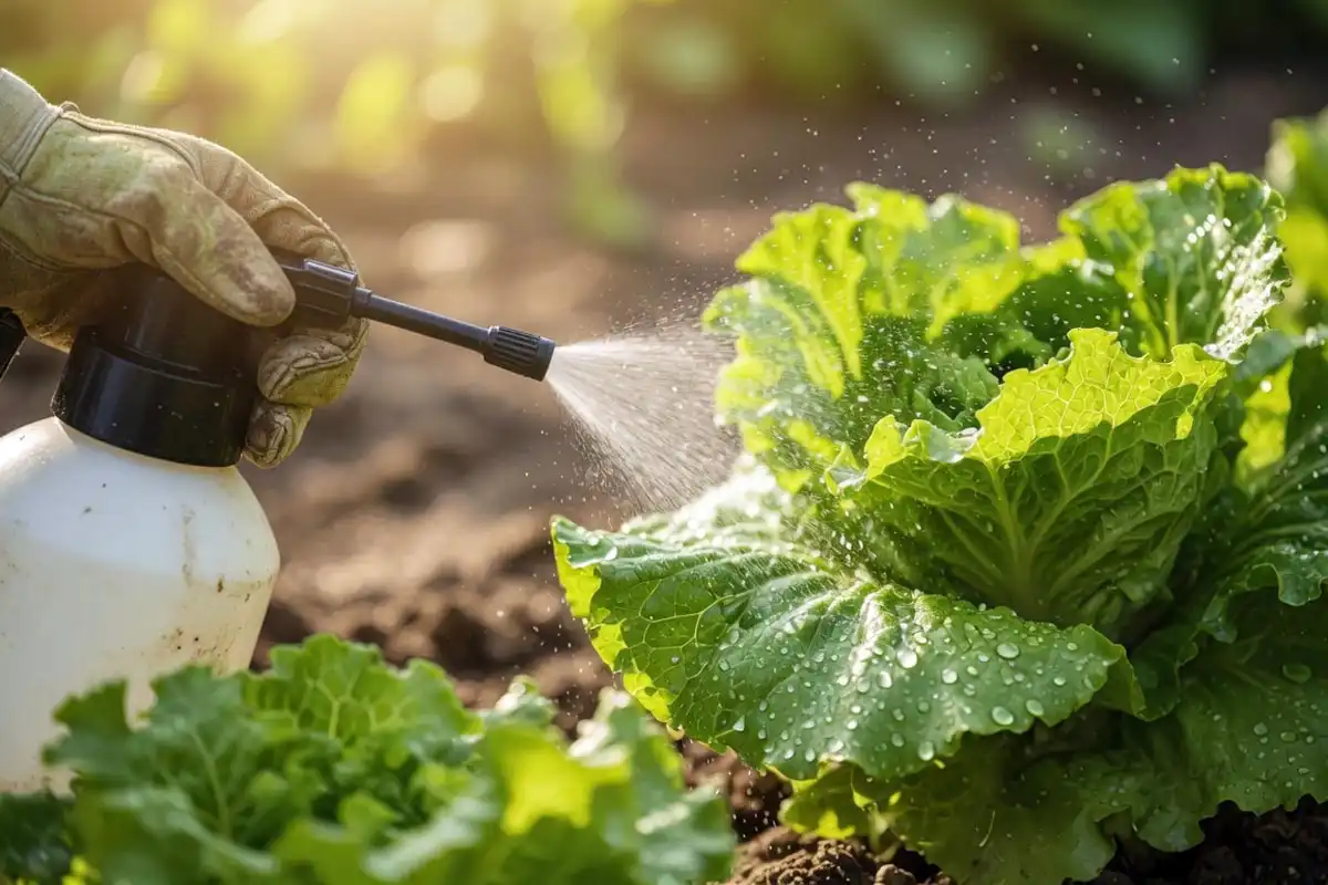 Gardener spraying insecticidal soap on the underside of lettuce leaves to control aphids