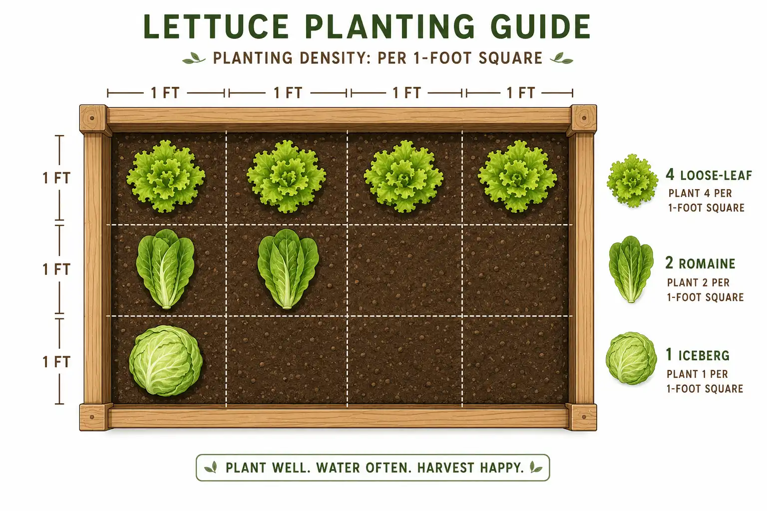 Square-foot gardening grid of 4 loose-leaf, 2 romaine, and 1 iceberg lettuce per square foot