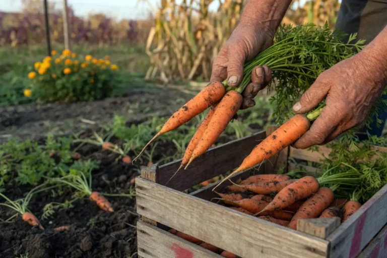 Freshly dug garden carrots sorted into a wooden crate for storage