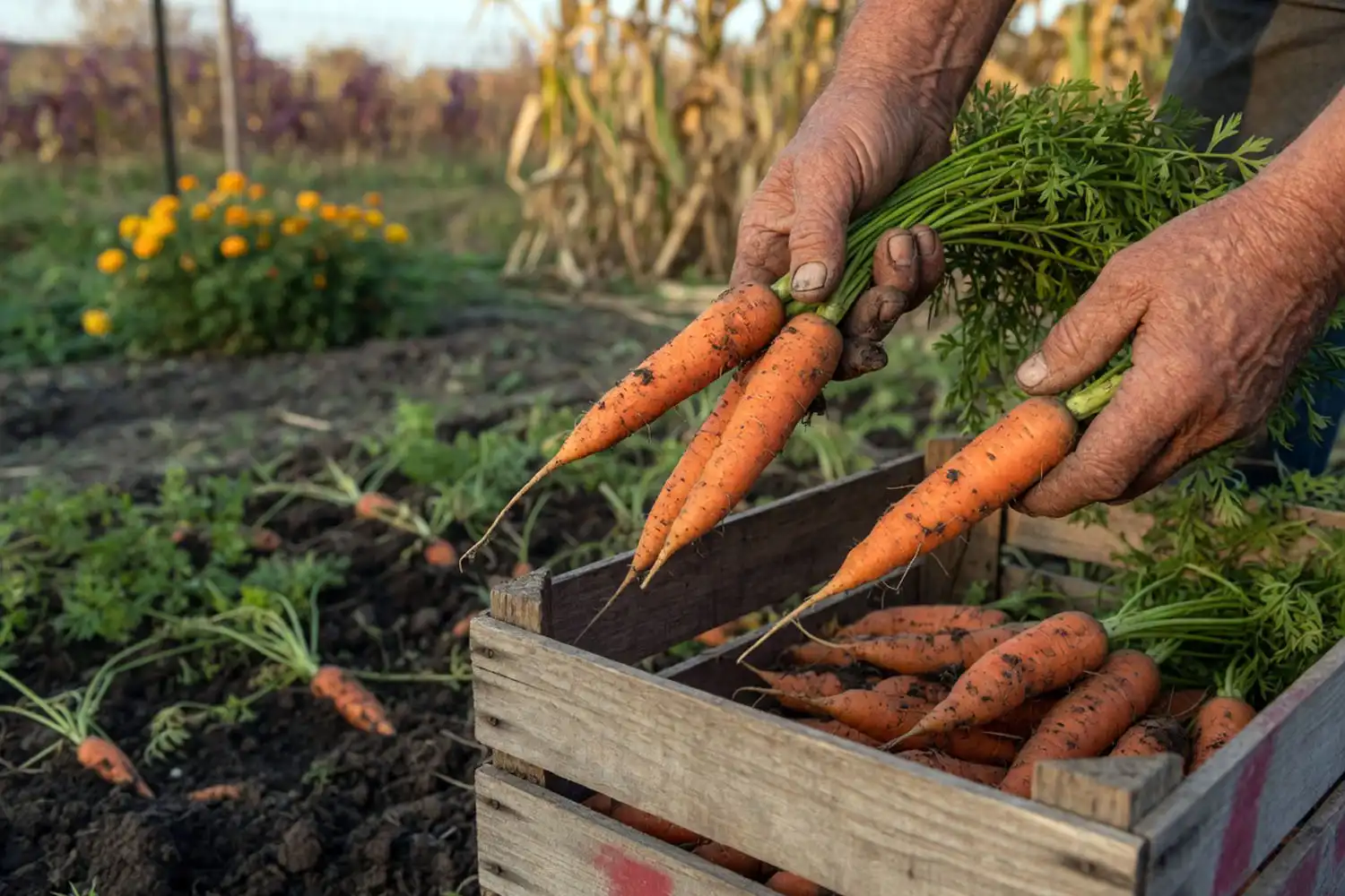 Freshly dug garden carrots sorted into a wooden crate for storage