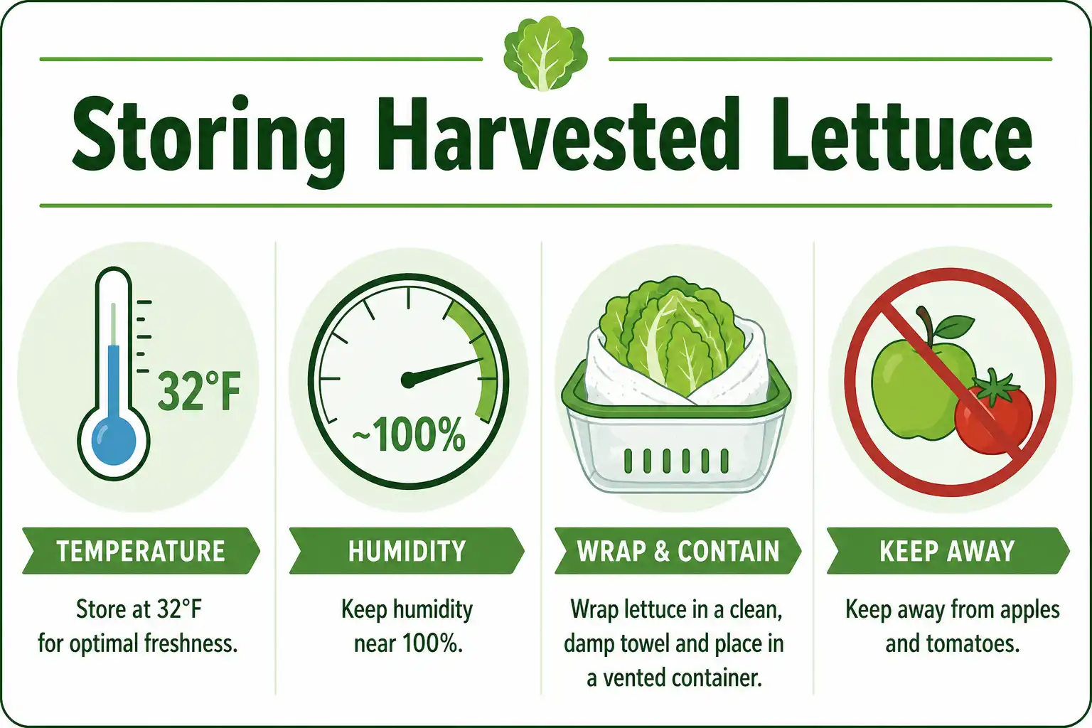 Infographic on how to store harvested lettuce at 32°F with high humidity, wrapped and kept away from fruit
