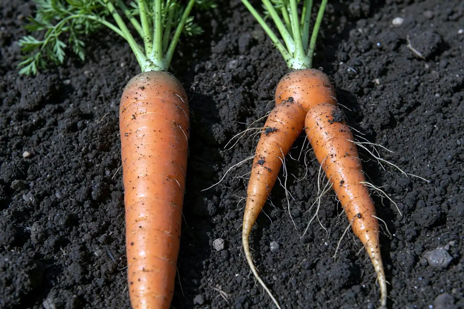 Comparison of a straight carrot and a forked hairy carrot caused by too much nitrogen fertilizer