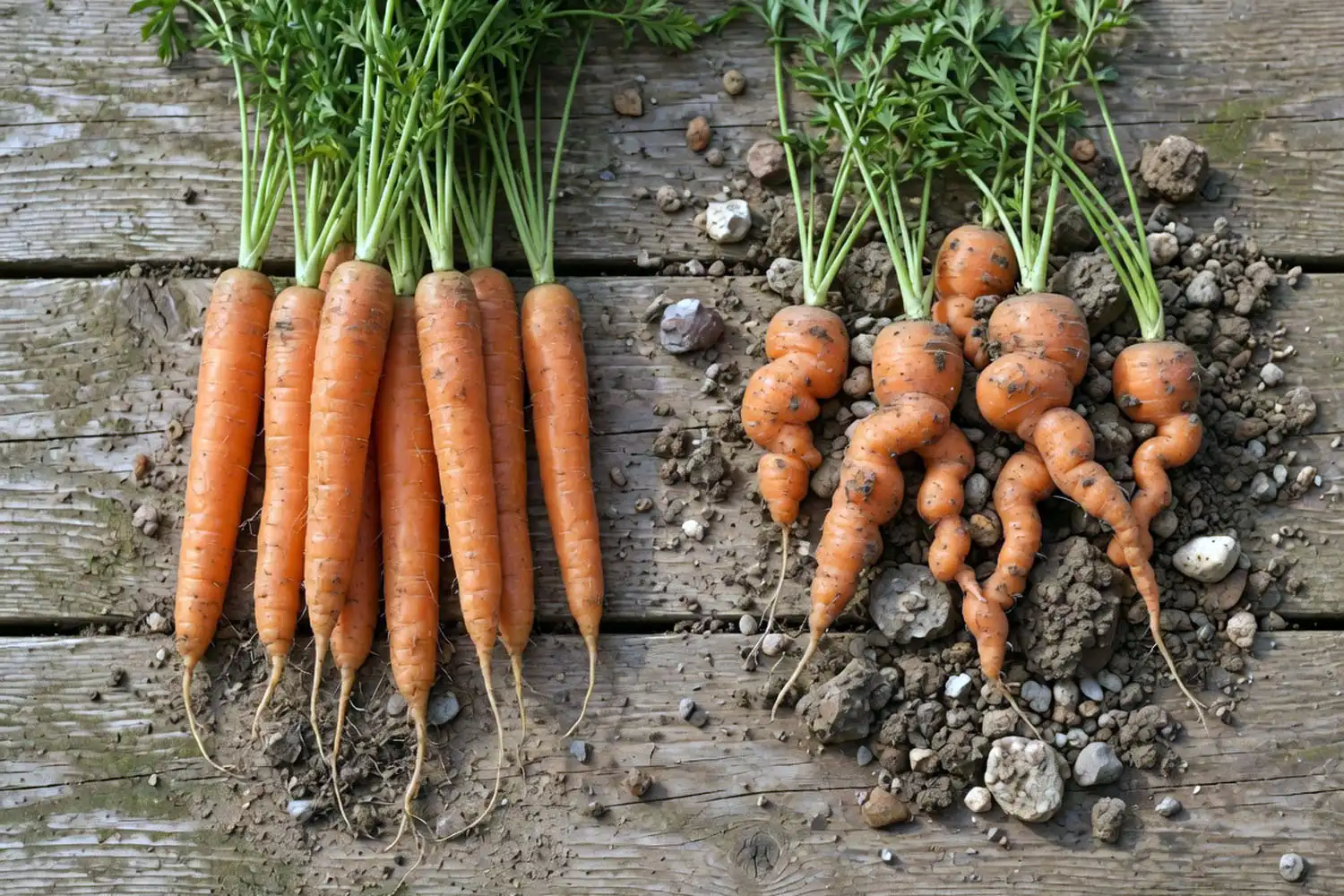 Comparison of straight carrots from deep soil and forked stunted carrots from shallow soil.