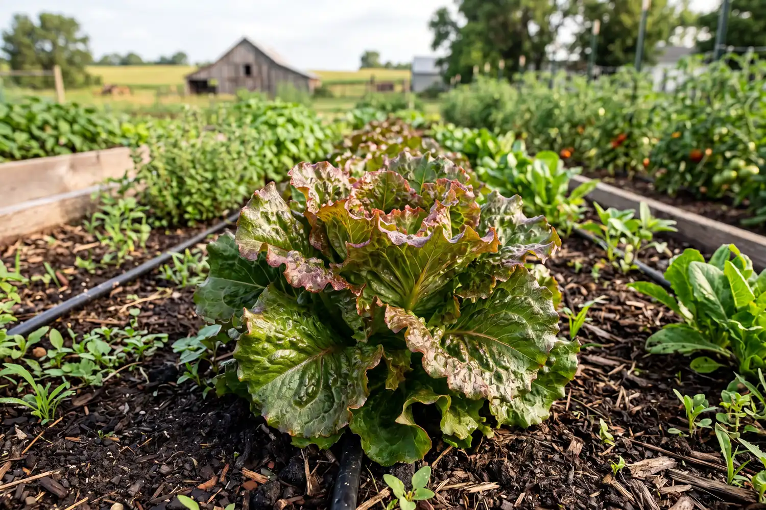 A heat tolerant summer crisp lettuce head with crisp green leaves growing in a Kansas garden bed.