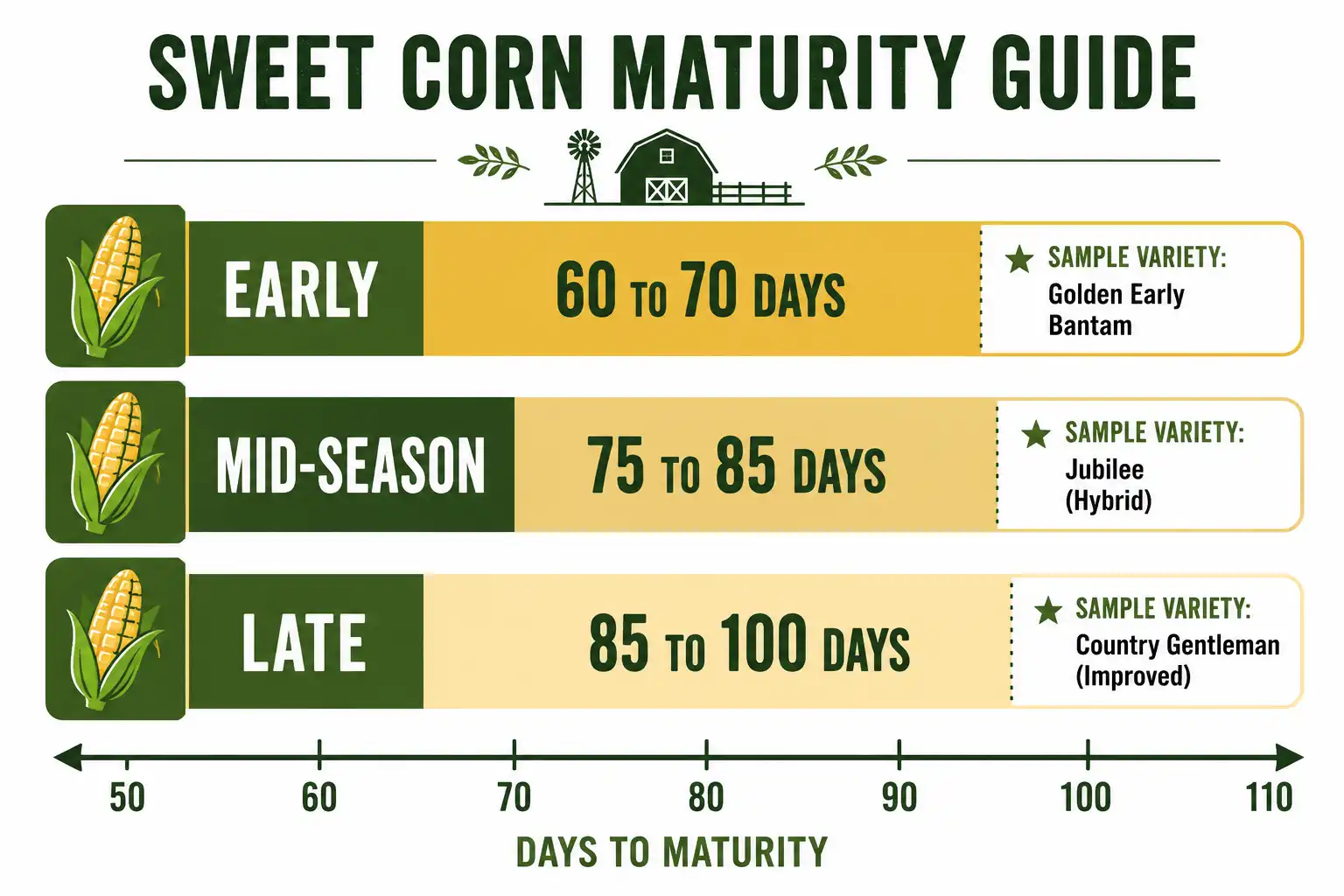 Chart on early, mid-season, and late sweet corn days to maturity to choose a fast variety for late planting
