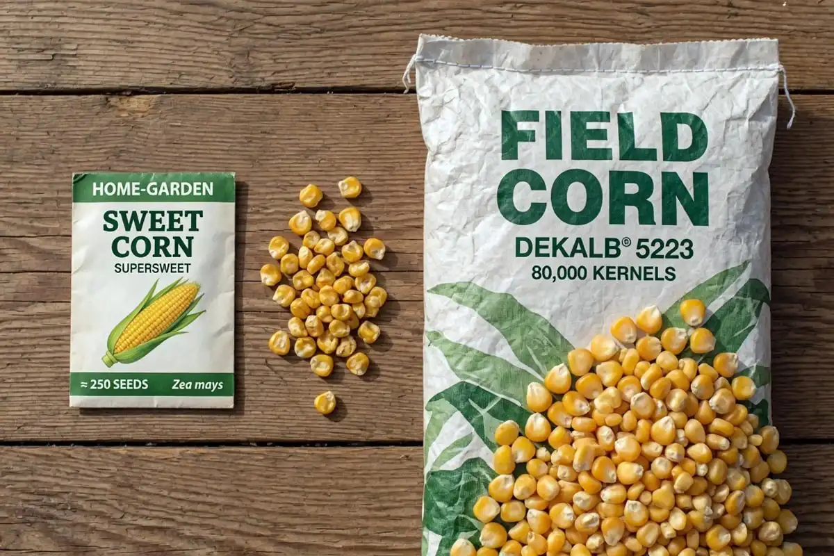Sweet corn seed packet of about 250 seeds next to an 80,000-kernel field corn bag showing the seed count difference