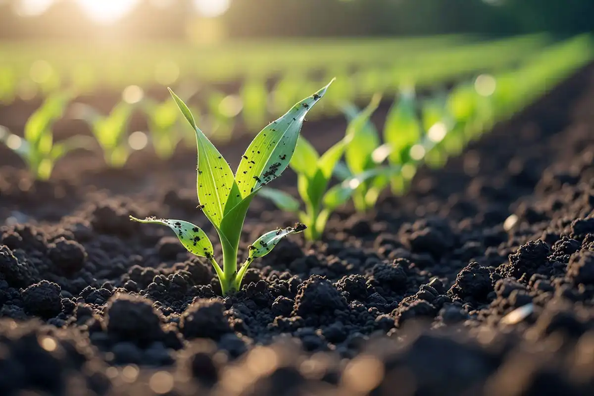 Sweet corn seedlings emerging quickly in warm summer soil after a late planting