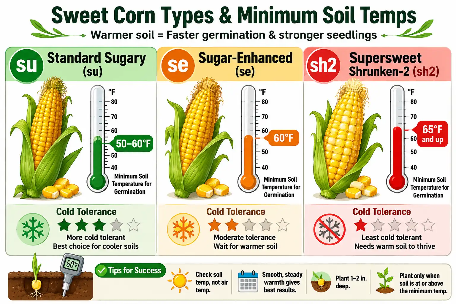 Chart on standard, sugar-enhanced, and supersweet corn seed and the soil temperature each needs to germinate before soaking or planting