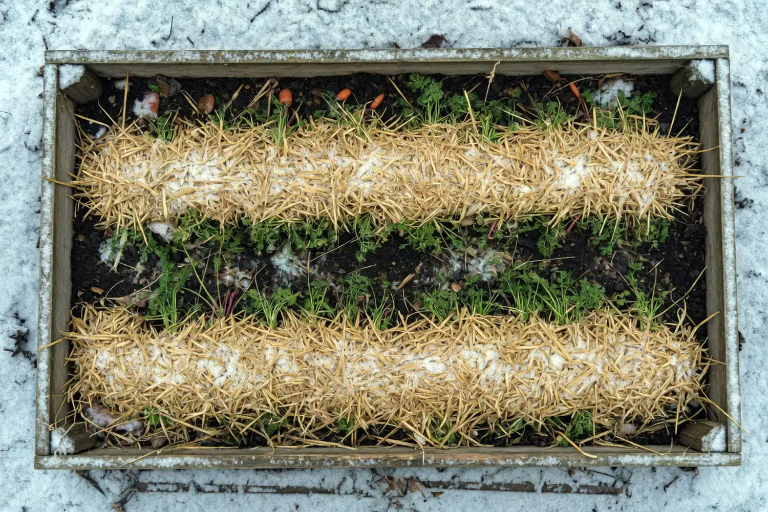Carrot rows under heavy straw mulch to survive winter cold in the ground