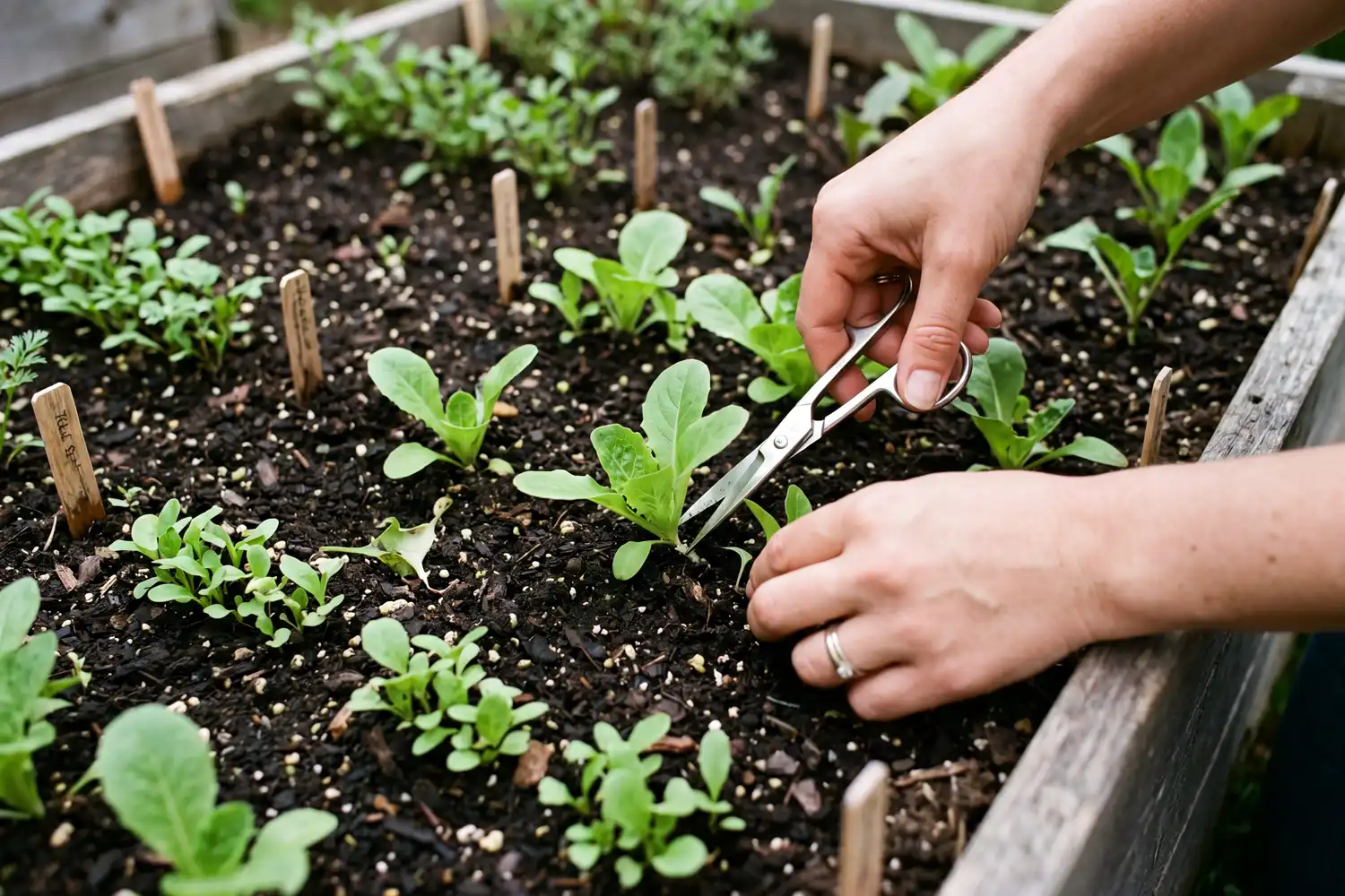 Farmer clipping extra lettuce seedlings at the soil line, thinning each spot down to one strong plant
