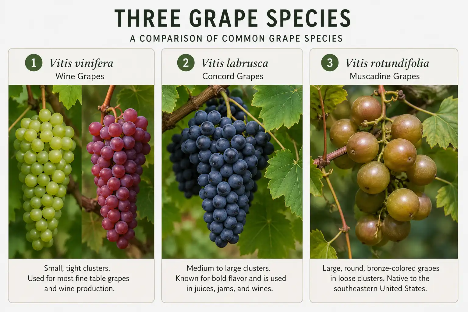 Three grape species compared, about European vinifera, American Concord labrusca, and southern muscadine grapes