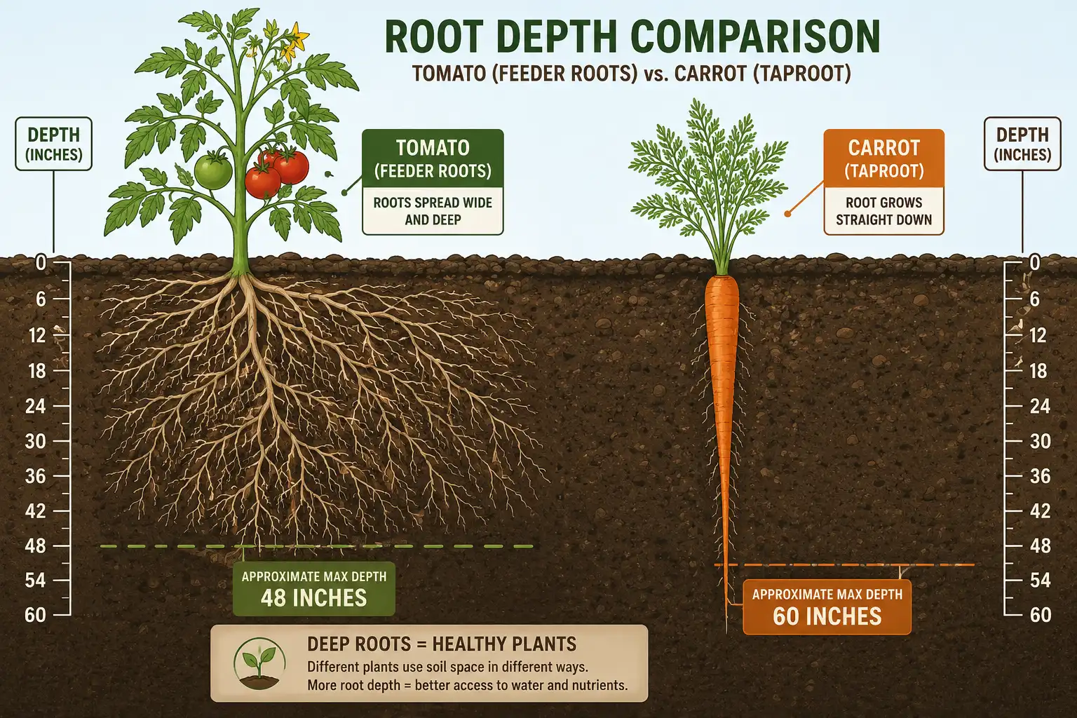 Cross section diagram comparing deep wide tomato roots with a single straight carrot taproot to show why the two crops do not compete