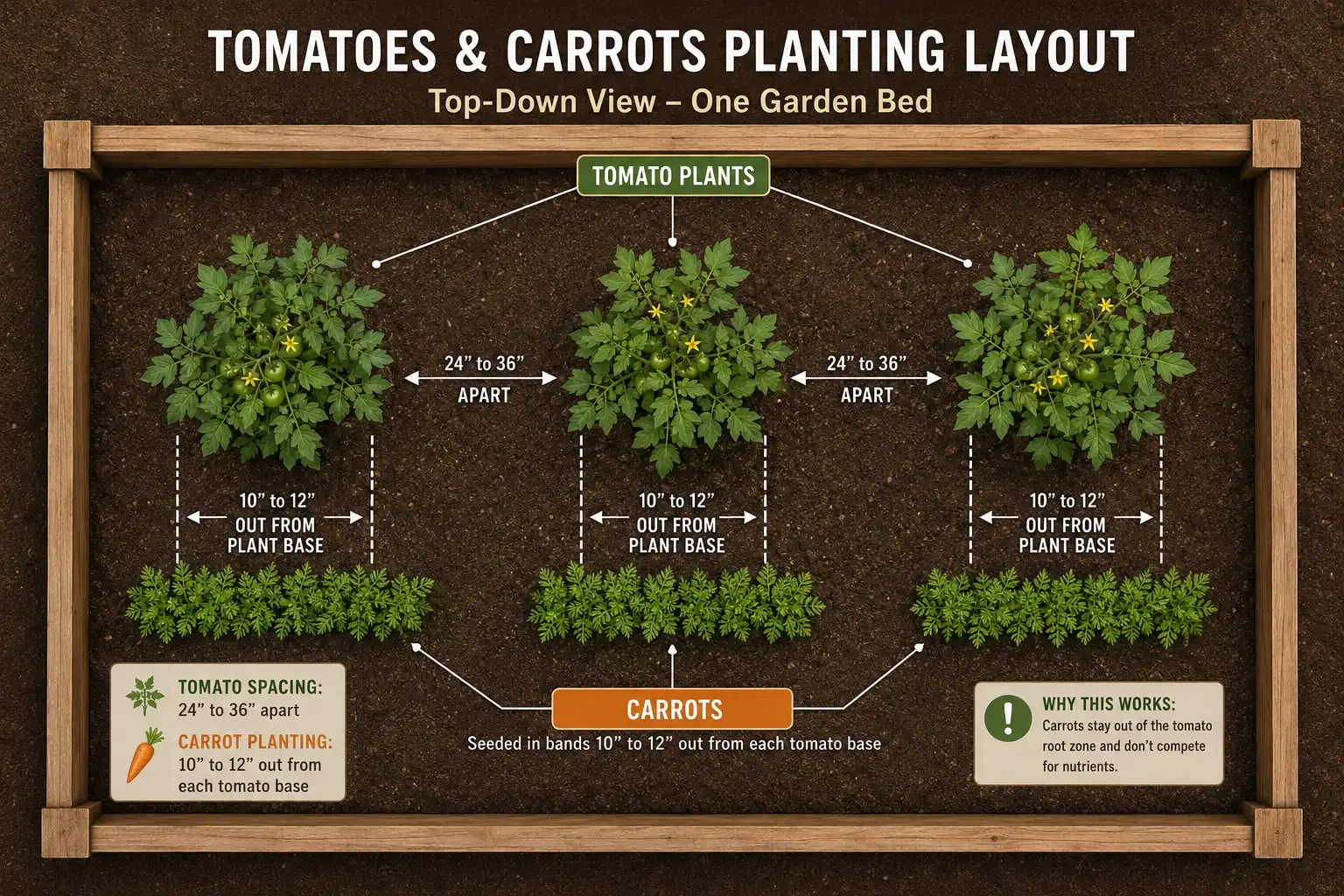 Spacing plan of carrots seeded 10 to 12 inches from tomato plants set 24 to 36 inches apart in one bed