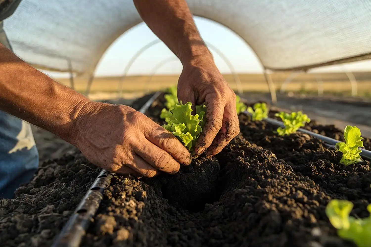 Fall lettuce transplants set into moist raised-bed soil under shade cloth in late August to beat hot-soil germination problems