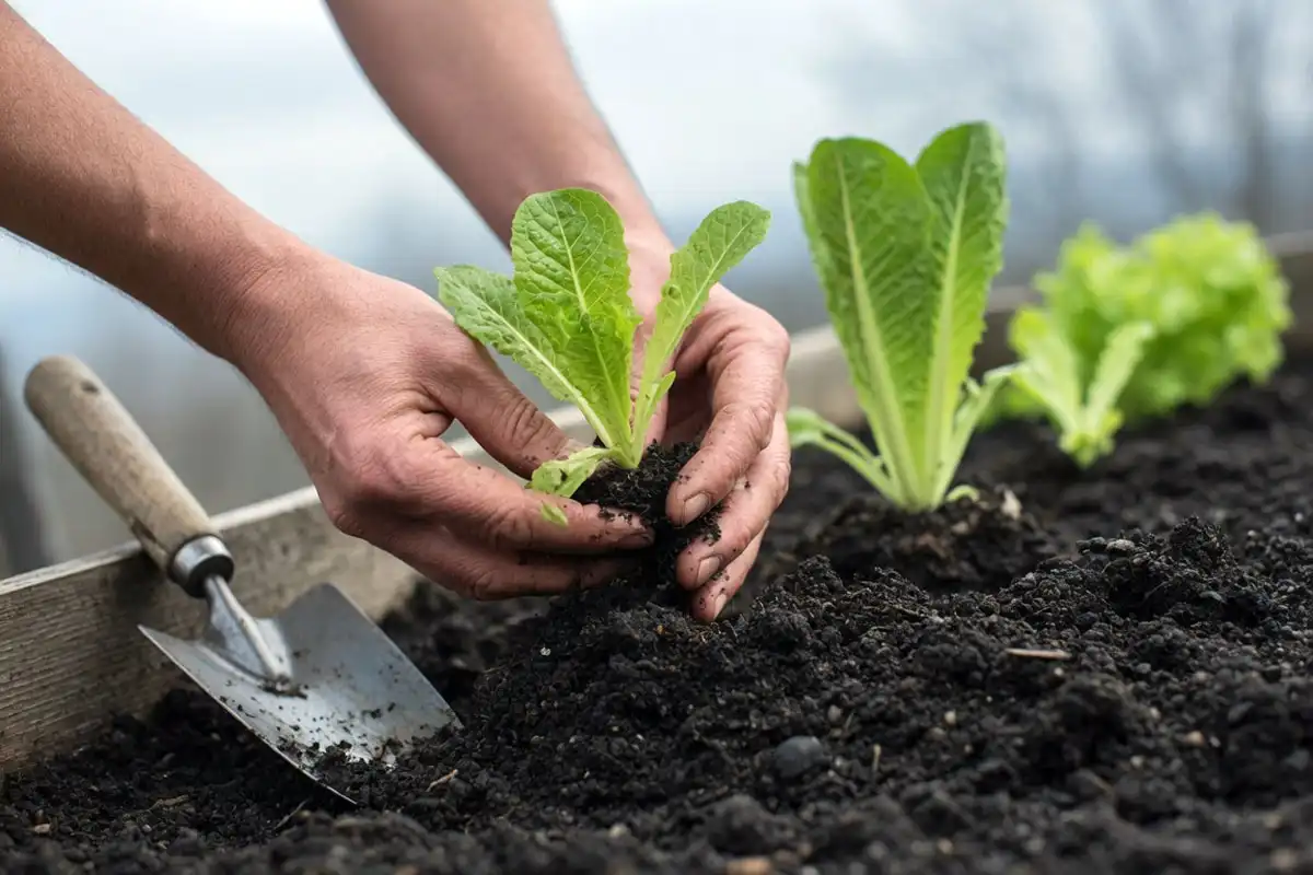 Farmer transplanting a young lettuce seedling into a raised bed for a spring crop in North Carolina