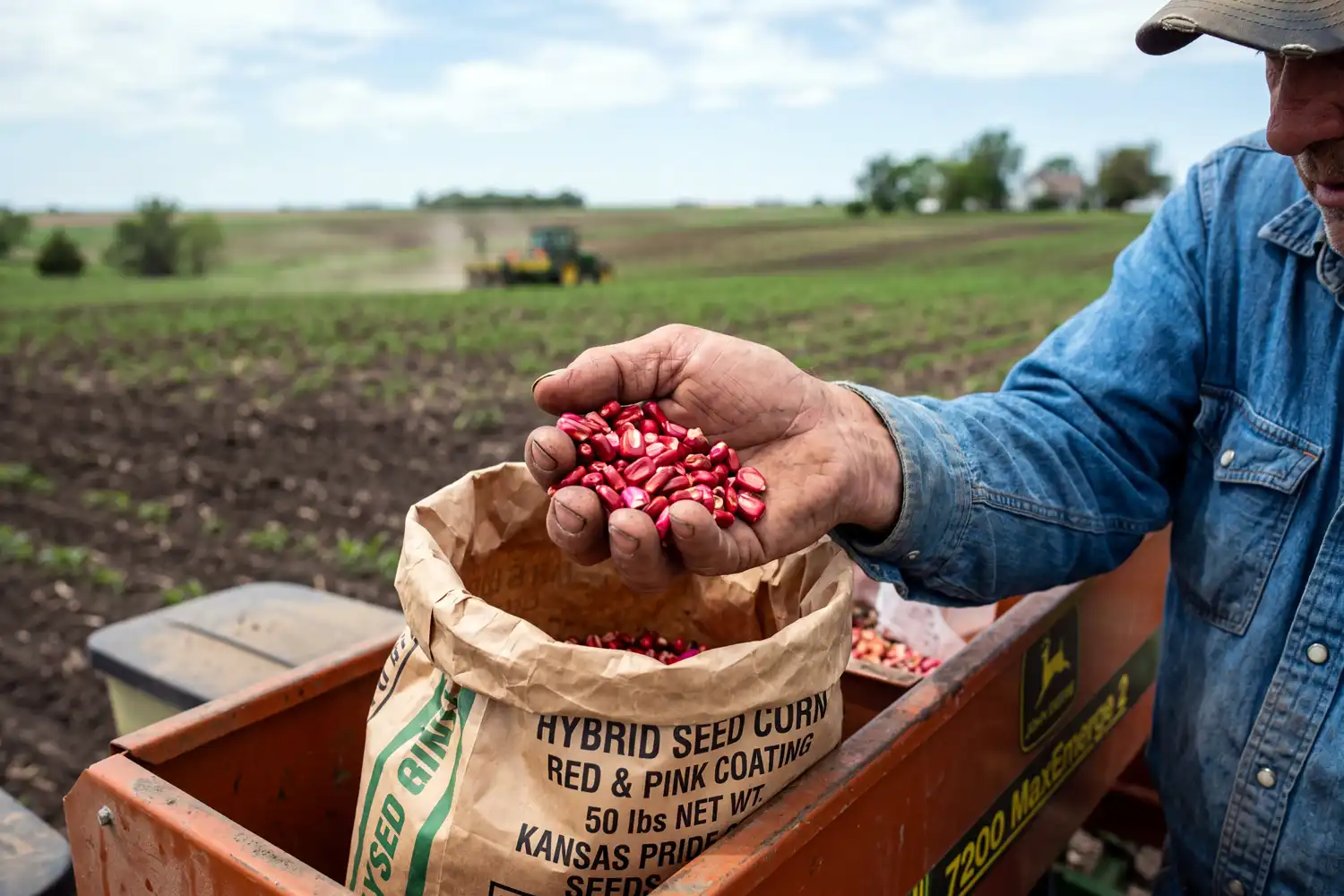 Bright red and pink treated field corn seed in a farmer’s hand, showing the warning color of pesticide-coated seed corn.