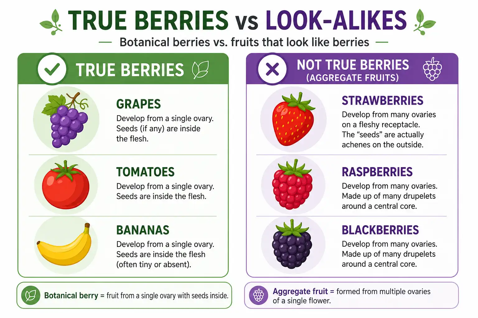 Comparison chart of grapes, tomatoes, and bananas as true berries and strawberries, raspberries, and blackberries as aggregate fruits