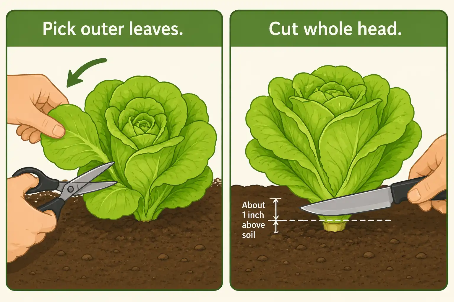 Diagram on two ways to harvest butter lettuce, picking outer leaves or cutting the whole head