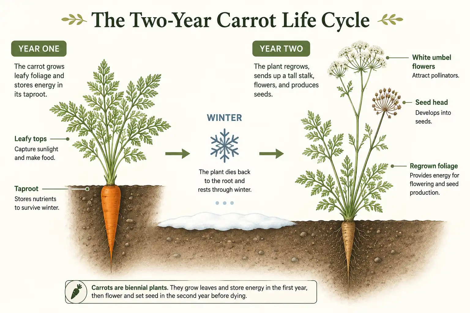 Infographic of the biennial carrot life cycle of root growth in year one and flowering in year two