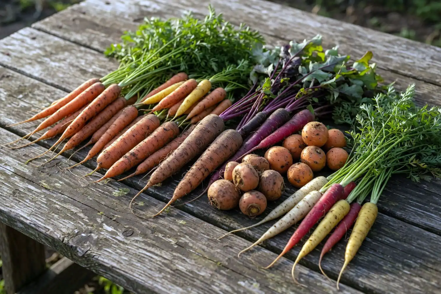 Assortment of carrot types and colors freshly harvested