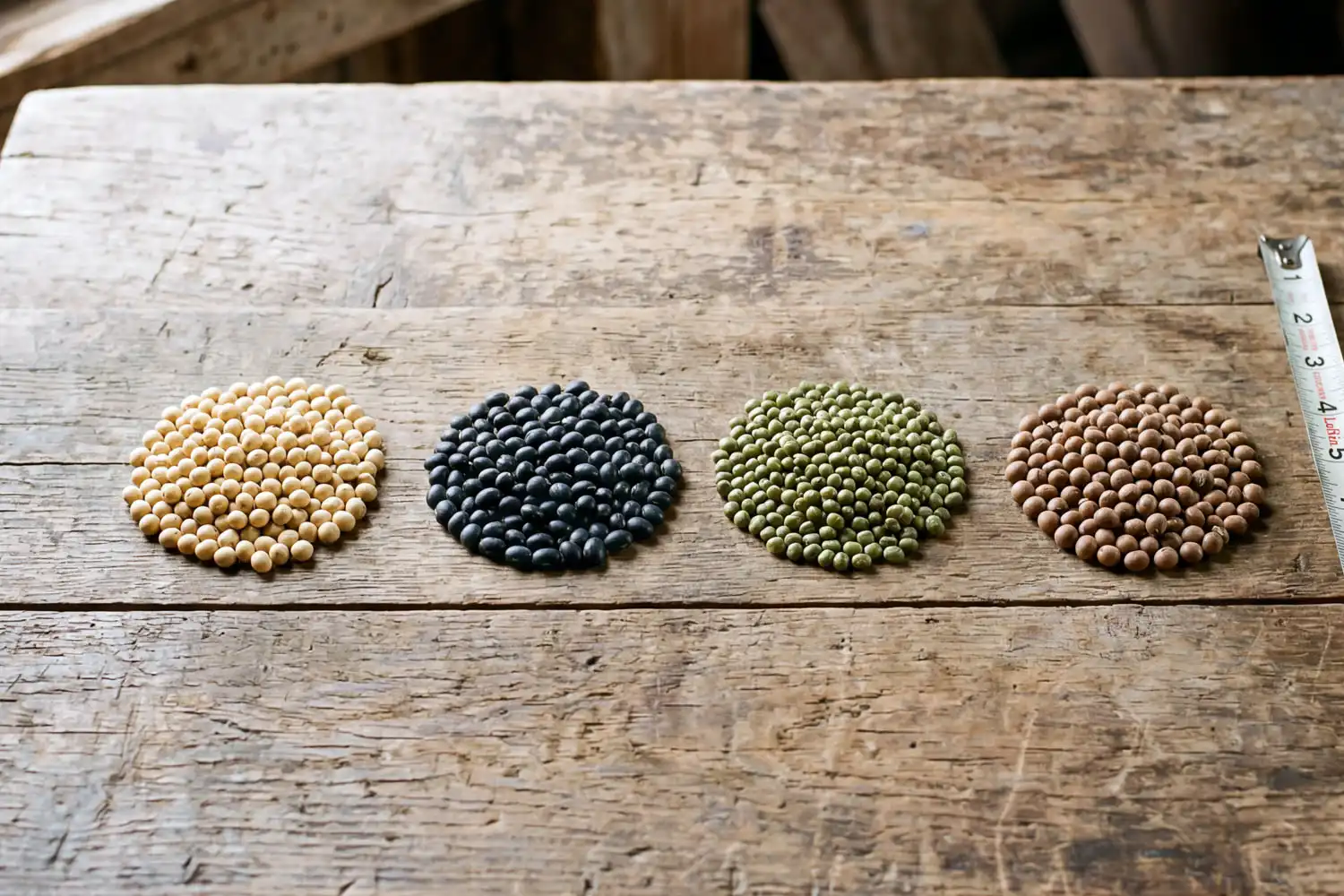 Different types of soybeans shown as yellow, black, green, and brown dry seeds