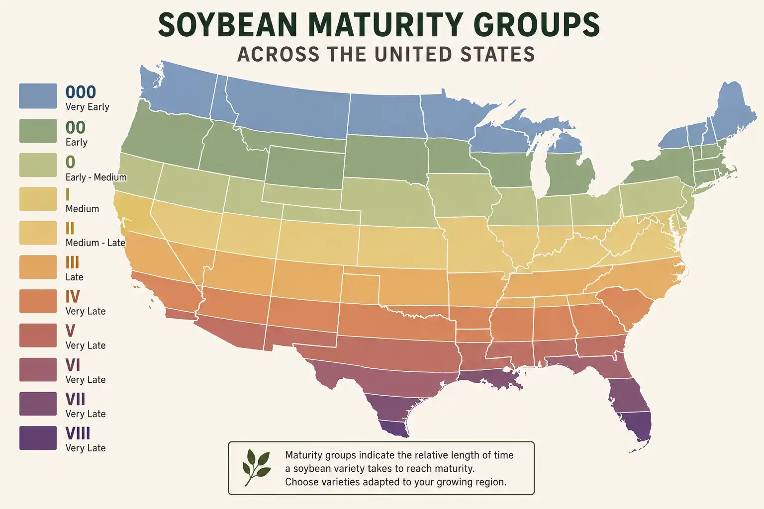 Map of US soybean maturity groups 000 through VIII running in east to west belts by latitude