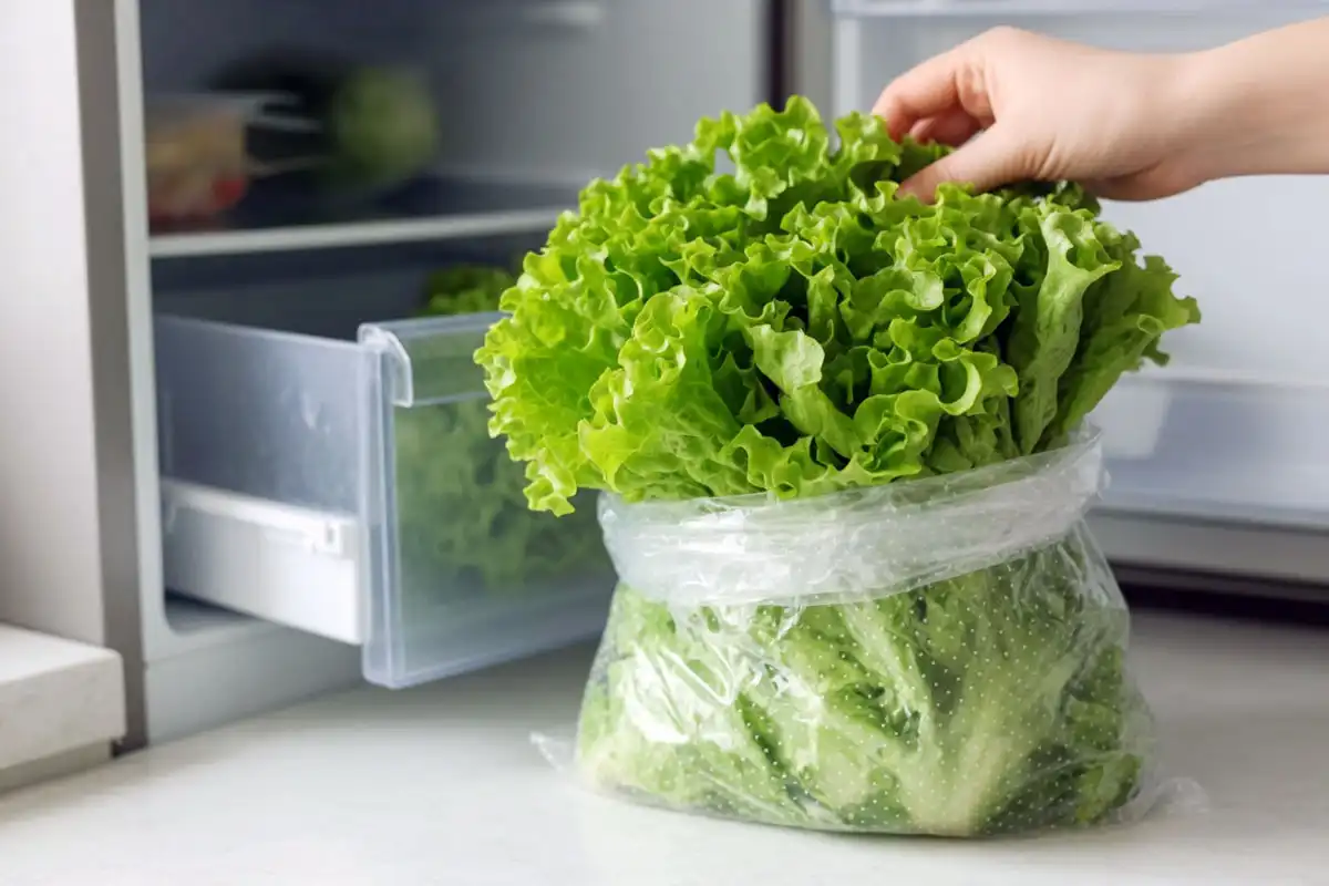 Clean leaf lettuce packed loosely in a perforated bag, ready for cold storage in the crisper drawer.