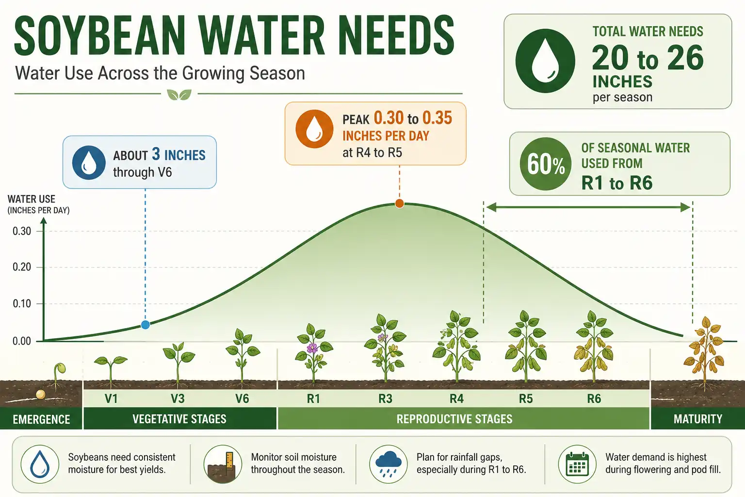 Infographic of how much water soybeans need across growth stages, from 3 inches early to a 0.35 inch per day peak during pod fill