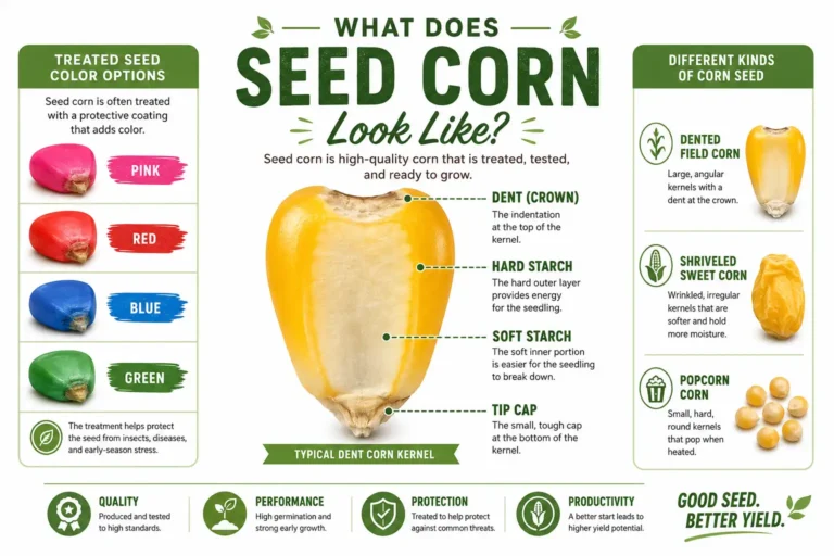 Infographic on what seed corn looks like, with a labeled dent corn kernel, bright treatment colors, and field, sweet, and popcorn seed shapes.