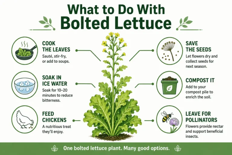 Infographic on what to do with bolted lettuce, including cooking the leaves, an ice water soak, saving seeds, composting, and feeding chickens