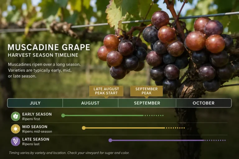 Infographic of when muscadine grapes are in season, peaking late August through September on a Southern trellis vine